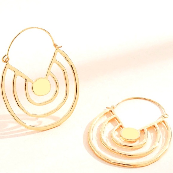 “Hammered Hoops” Inverse Rainbow Concentric Circle Sector Maze Geometric Earring - Picture 7 of 15